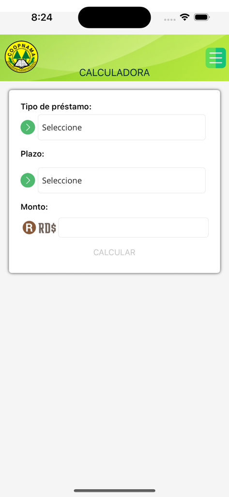 Tela da calculadora de empréstimos do aplicativo móvel Coopnama com campos para tipo de empréstimo, prazo e valor em pesos dominicanos