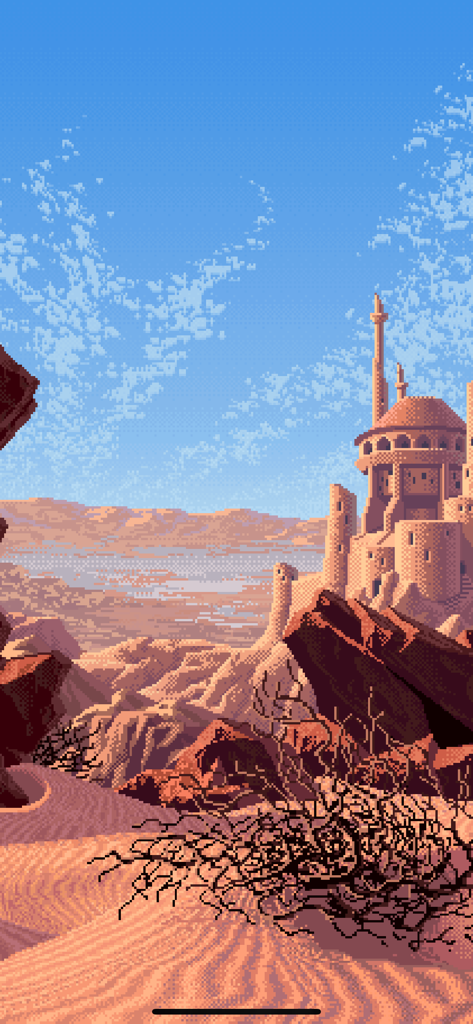 Living Worlds - Mark Ferrari - A serene retro pixel art landscape featuring a desert fortress built into rocky cliffs under a blue sky.