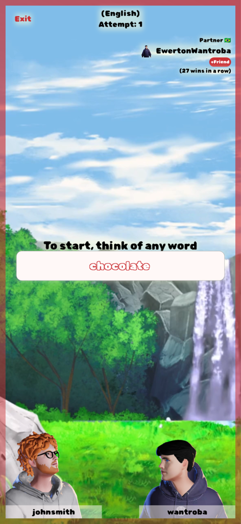Uma tela de jogabilidade do aplicativo Say the Same mostrando dois jogadores iniciando uma partida com a palavra chocolate.