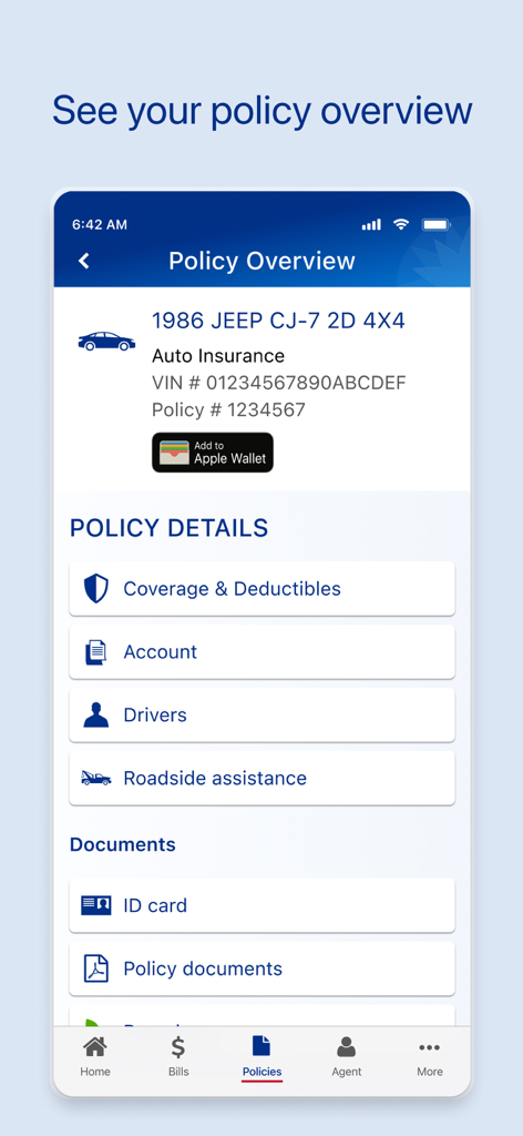 Farmers Insurance Mobile - Farmers Insurance app policy overview screen displaying auto insurance details and roadside assistance options