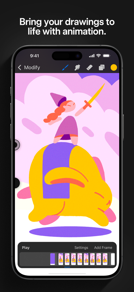 Application Procreate Pocket sur iPhone affichant une chronologie d'animation et une illustration de personnage colorée