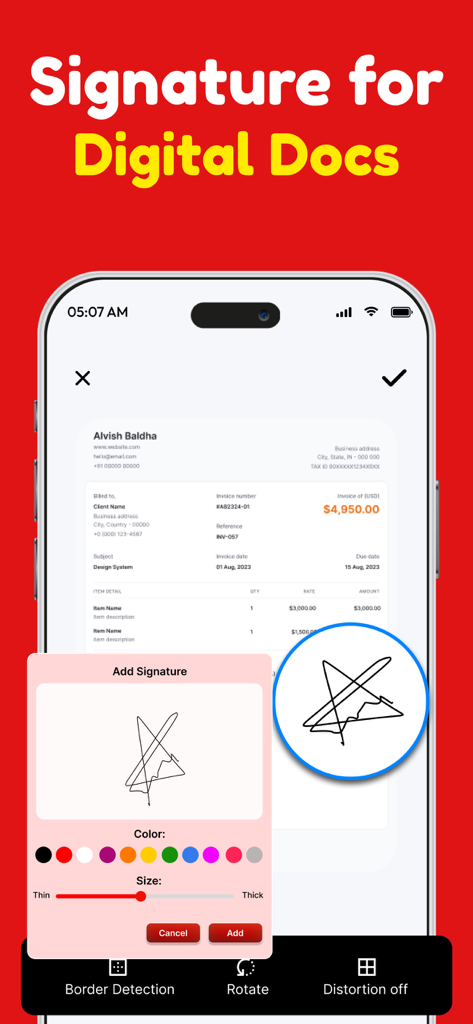 PDF Converter：Scanner & Reader - Interface montrant l'outil de signature numérique dans l'application PDF Scanner et Lecteur.
