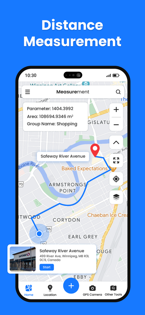 AreaMate - AreaMate app interface showing distance and area calculation on a map