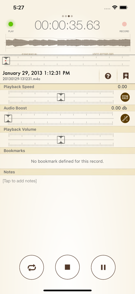 Voice Record Pro 7 mobile app interface showing audio playback controls for speed boost and volume