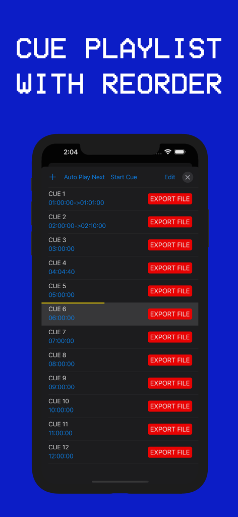 Timecode Gen - Interface of the Timecode Gen app showing a CUE playlist with multiple timecode sequences and export buttons
