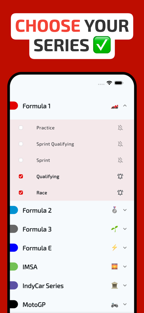 Interfaz para elegir series de motorsport y seleccionar sesiones de carrera específicas para notificaciones