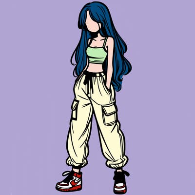 girl in baggy pants crop top and long hair