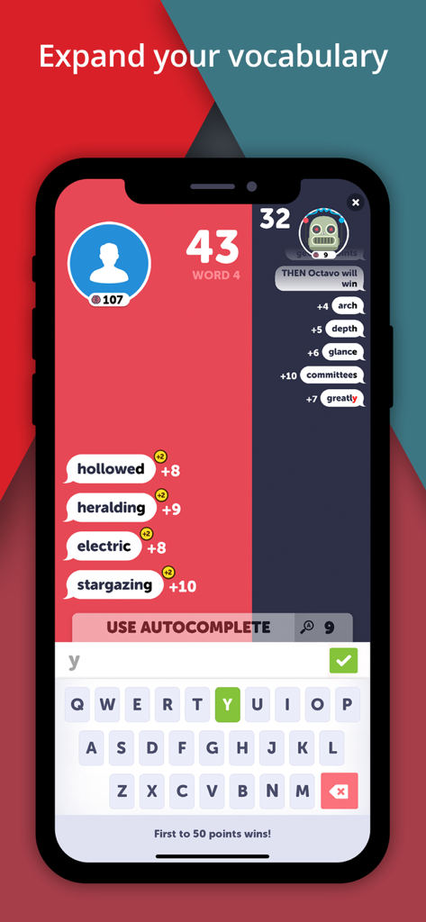 BattleText - Chat Battles - BattleText game interface showing a real-time word battle between a player and a robot