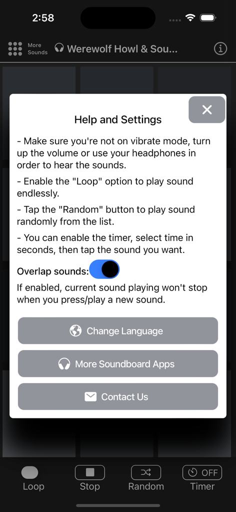 Werewolf Howl & Sounds - Help and settings menu of the Werewolf Howl and Sounds app showing audio options and contact support.