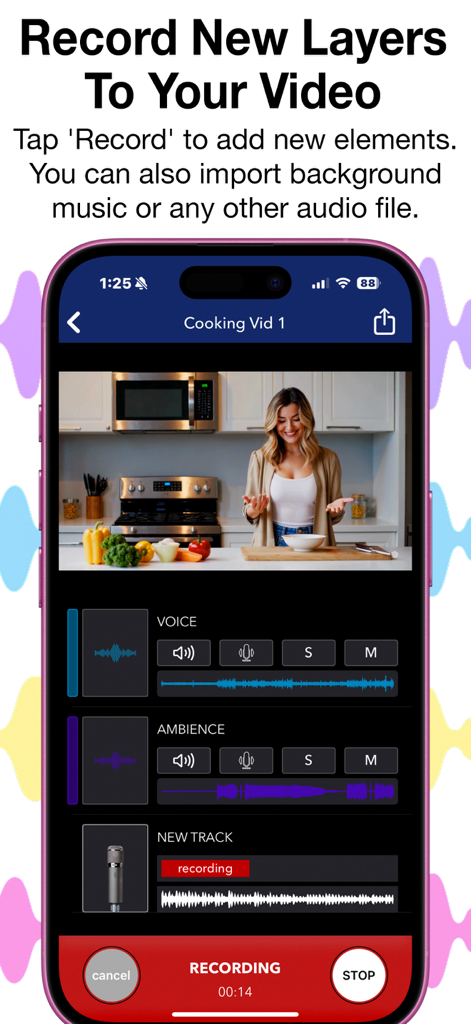 Interfaz de la aplicación para grabar nuevas capas de audio y voces en off sobre un video