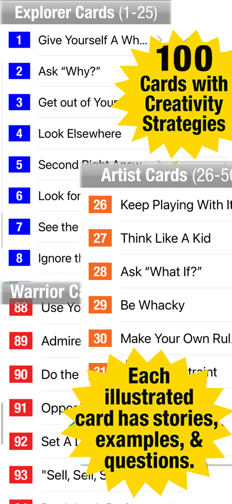 Creative Whack Pack - Lists of creativity strategy cards from the Creative Whack Pack app categorized by Explorer Artist and Warrior roles