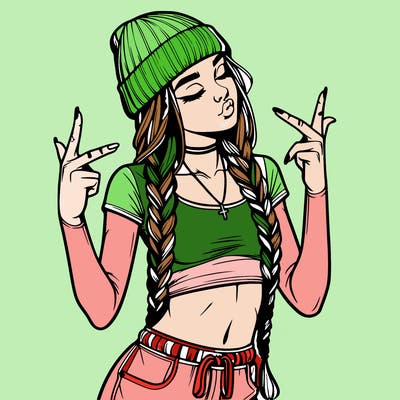 realistic teenage girl with braids and a beanie and crop top doing 🫶🏼