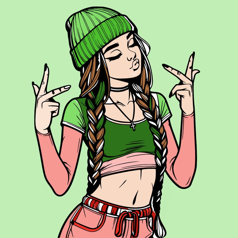 realistic teenage girl with braids and a beanie and crop top doing 🫶🏼