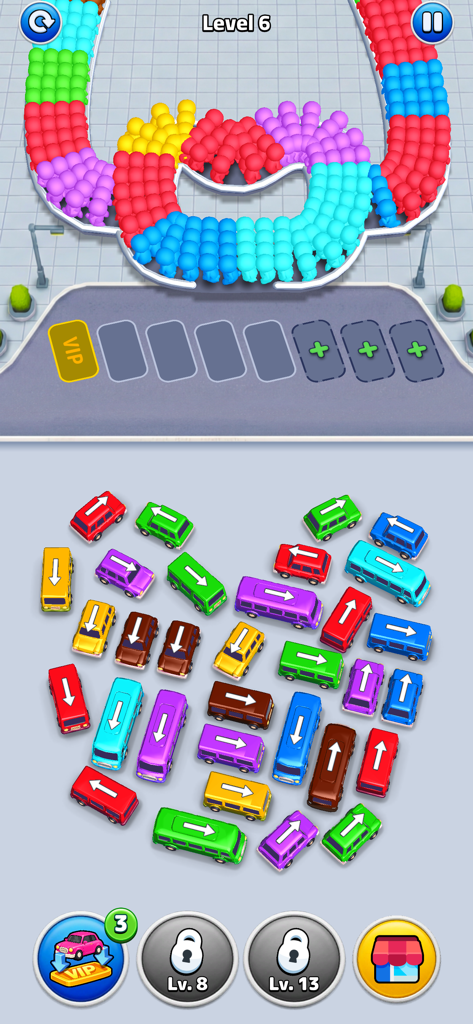 Bus Rush Fever! - Jogabilidade de Bus Rush Fever apresentando um congestionamento de estacionamento colorido e um puzzle de classificação de cores