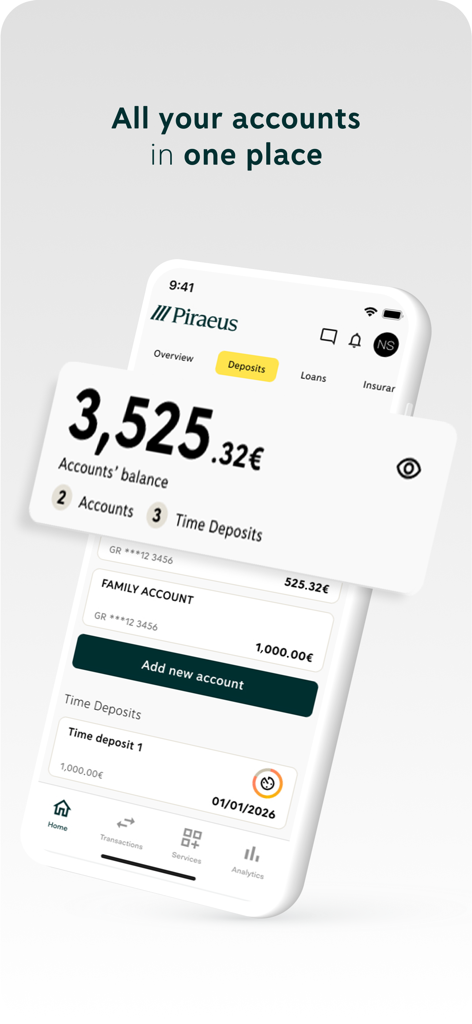 Piraeus app - Dashboard of the Piraeus banking app showing total account balances and deposit details.