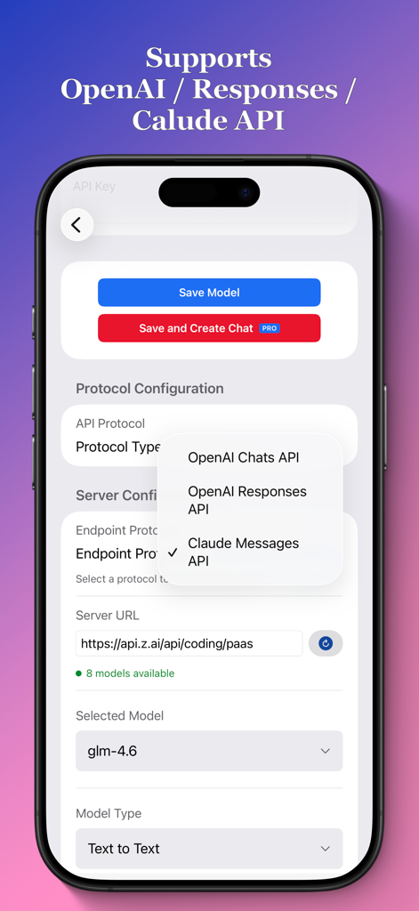 Privacy AI: Powerful chatbot - Privacy AI interface for configuring API protocols and server endpoints for OpenAI and Claude models.