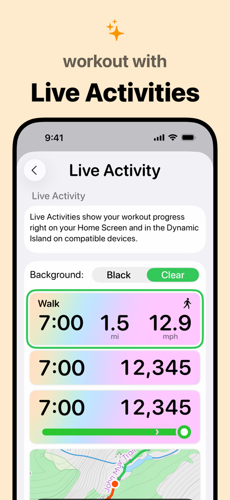 Pedometer plus plus app interface for workout Live Activities tracking