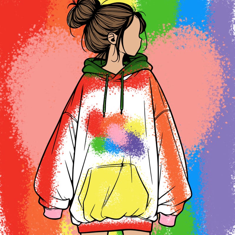 realistic girl with a oversized sweatshirt on and a bun