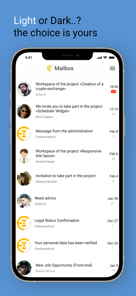 Freelancehunt Messenger app mailbox screen showing a list of messages for various freelance projects