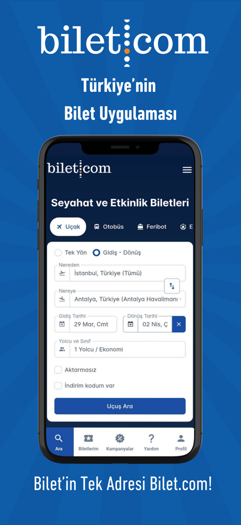 Bilet.com: Uçak Otobüs Feribot - Bilet.com mobile app homepage showing a flight booking search form for travel between Istanbul and Antalya.