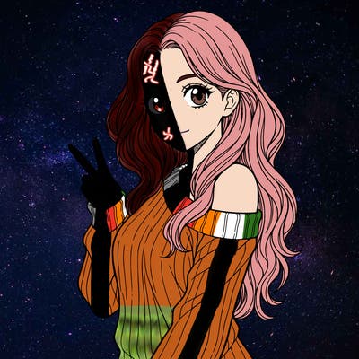 a girl with long hair. make only from her waist up showing and she is wearing g a sweater the is half off her shoulder. she needs to hold one peace sign. make her have no mouth, only have eyes. make her whole body facing the camera. and no black hair.