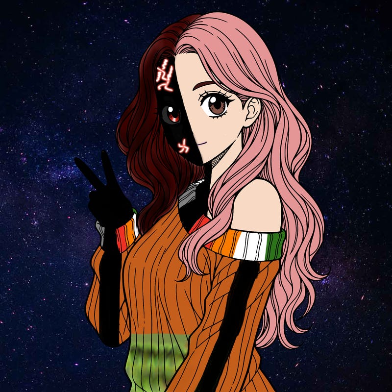 a girl with long hair. make only from her waist up showing and she is wearing g a sweater the is half off her shoulder. she needs to hold one peace sign. make her have no mouth, only have eyes. make her whole body facing the camera. and no black hair.