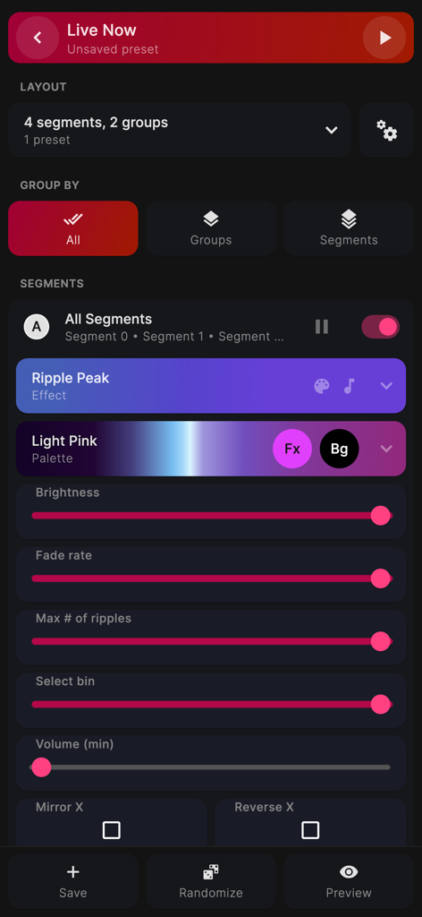 WLED+ - WLED+ app screen showing detailed LED effect settings including Ripple Peak effect, Light Pink palette, and adjustable sliders for brightness and fade rate.