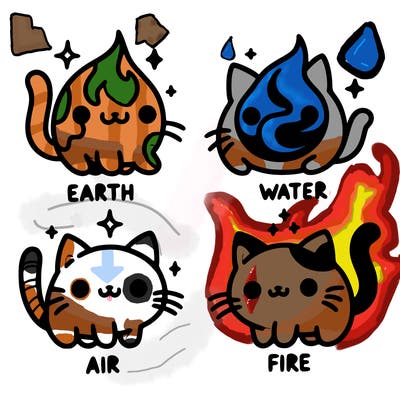4 cats that represent the different elements, earth, water, air, and fire