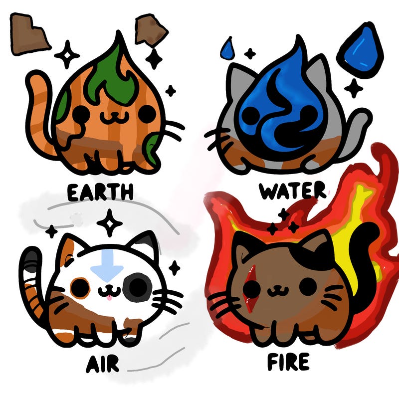 4 cats that represent the different elements, earth, water, air, and fire