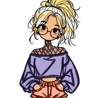 girl with a messy ponytail glasses a baggy crop top and jean shorts