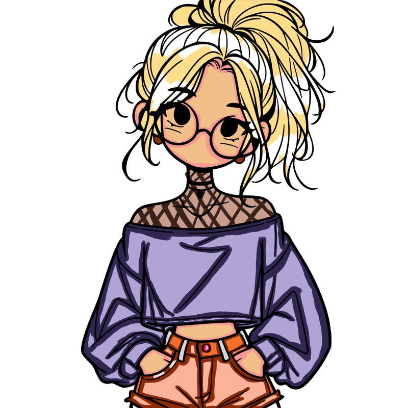 girl with a messy ponytail glasses a baggy crop top and jean shorts