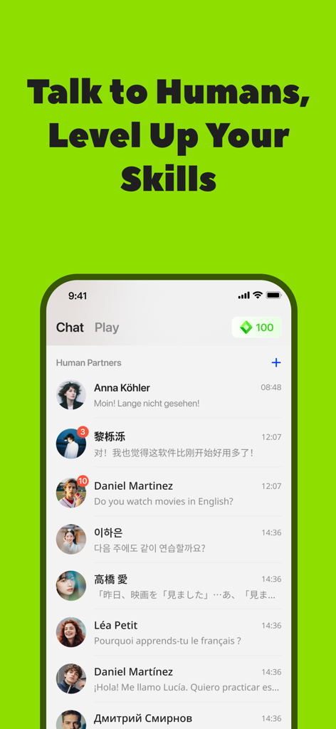 LingChat – AI Speaking Friends - Interface of LingChat app showing a list of international human partners for language exchange