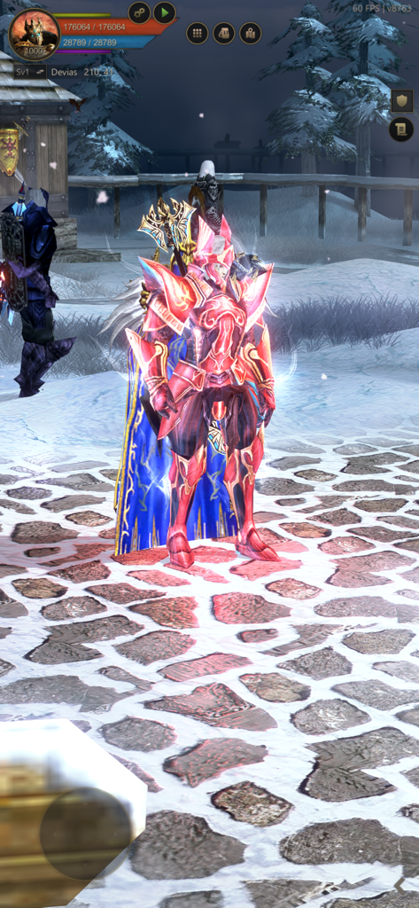 MEGAMU - A hero character in MEGAMU wearing glowing red armor and a blue cape in the snowy Devias map