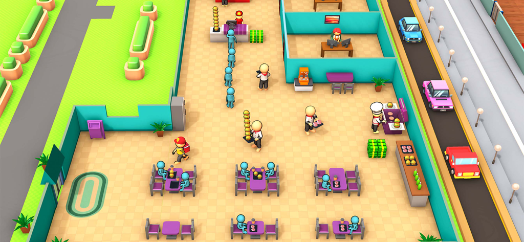 Top-down gameplay view of a busy fast food restaurant with customers and staff in Patty Please.