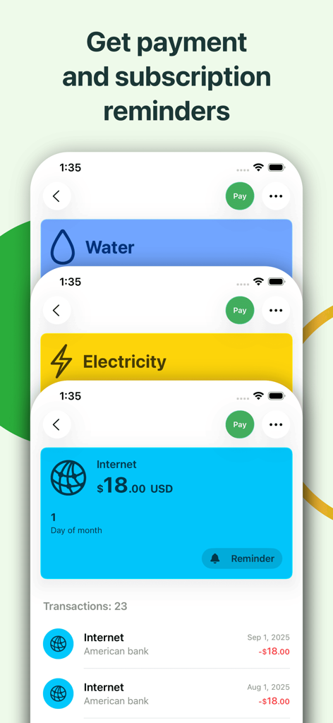 Budget App | Expense Tracker - Interface do aplicativo móvel exibindo lembretes de pagamento e assinatura para serviços como água, eletricidade e internet, com histórico de transações