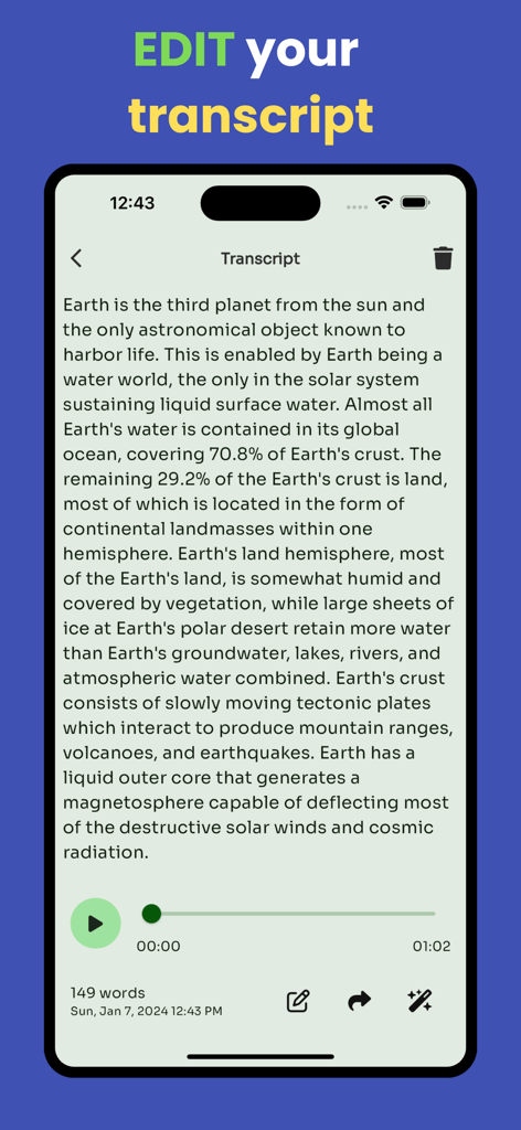 A smartphone displaying the Transcribe 2026 app interface where a user can edit an AI generated transcript with audio playback controls