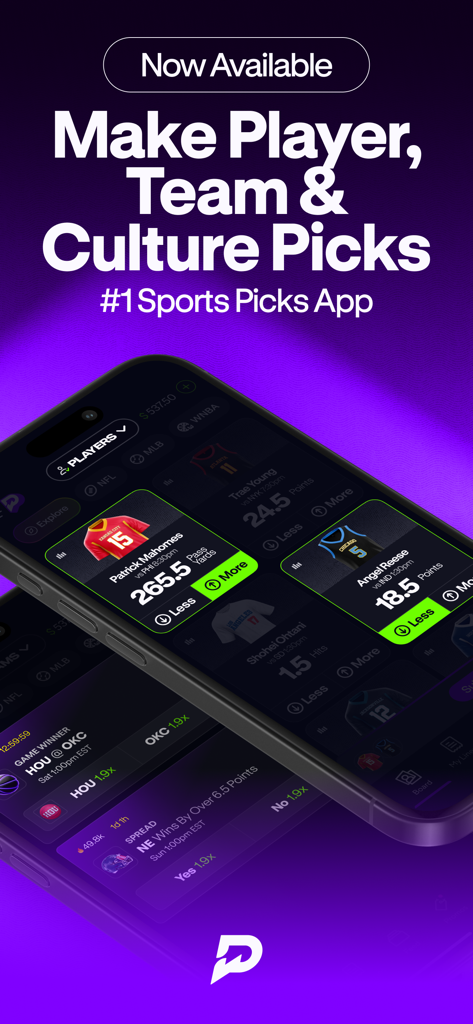 Smartphone showing the PrizePicks app interface with player and team prop betting options