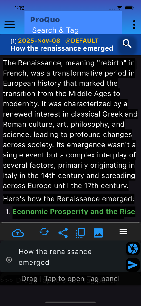 treillint.proquo3 - Interface do aplicativo móvel Proquo mostrando uma resposta gerada por IA sobre o Renascimento com opções para marcar e organizar threads de pesquisa.