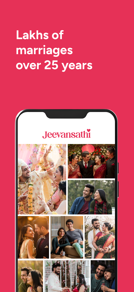 Jeevansathi matrimony app interface with photos of happy Indian couples