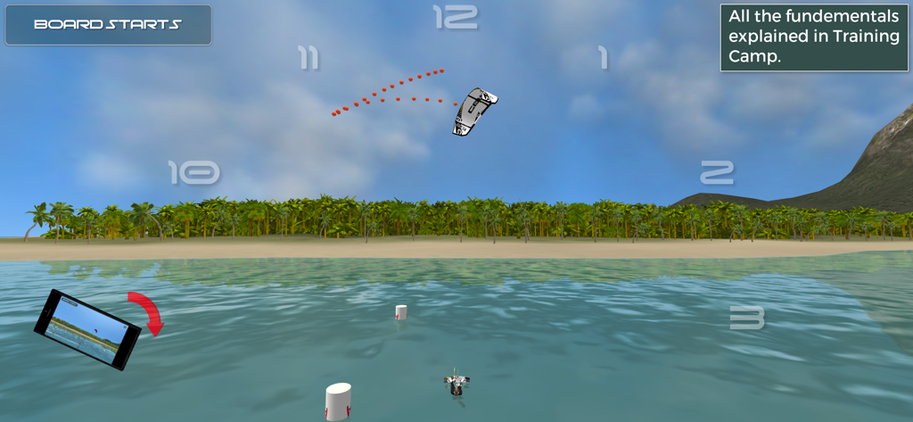 Kiteboard Hero - A tutorial screen from Kiteboard Hero showing the Training Camp mode for learning board starts.