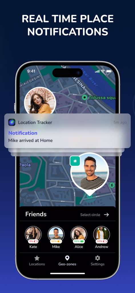Mobile App-Oberfläche zeigt Echtzeit-Benachrichtigungen für Ankunft von Familienmitgliedern und Standortverfolgung auf einer Karte.