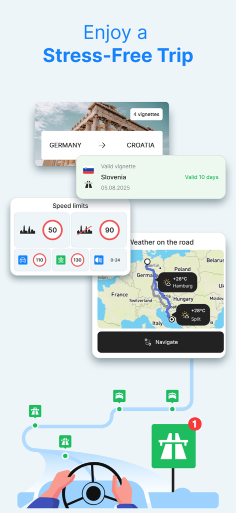 eTOLLs EU: Digital Vignettes - App interface showcasing digital vignettes, local speed limits, and a weather map for traveling through Europe.