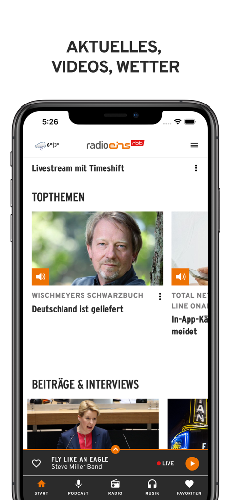 Interfaz de la aplicación radioeins que muestra los temas principales de noticias y un reproductor de transmisión en vivo