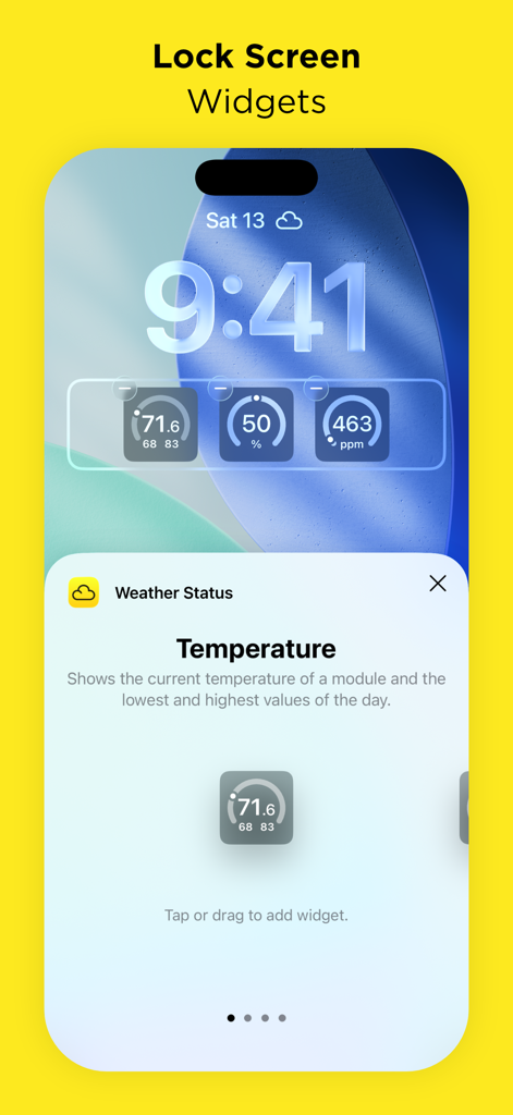 Weather Status for Netatmo - Lock screen widgets for Weather Status for Netatmo showing temperature humidity and CO2 levels on an iPhone