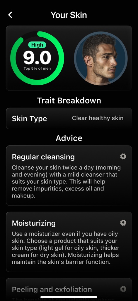 AI skin analysis results page showing a 9.0 rating and skincare advice for men.