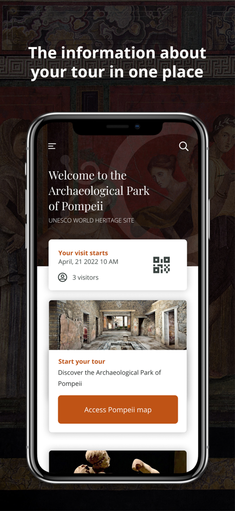 MyPompeii - MyPompeii app interface displaying tour information visit time and digital ticket QR code