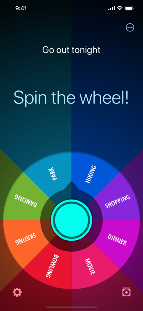 Decide Now! — Random Wheel - A colorful decision wheel in the Decide Now app with options like dinner movie and hiking