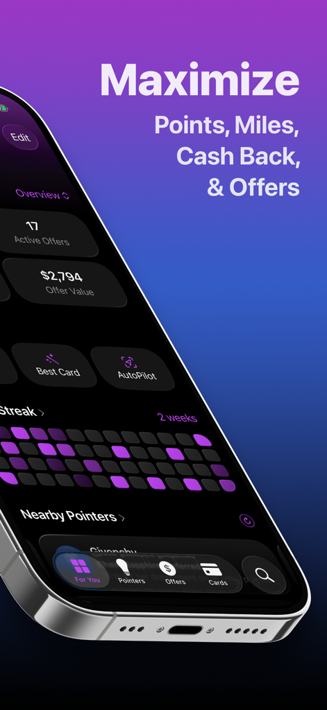 iPhone screen showing CardPointers app overview with active credit card offers and reward maximization details