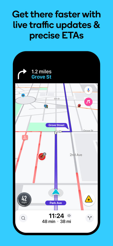 Waze app screen showing real-time navigation with live traffic updates and precise ETA