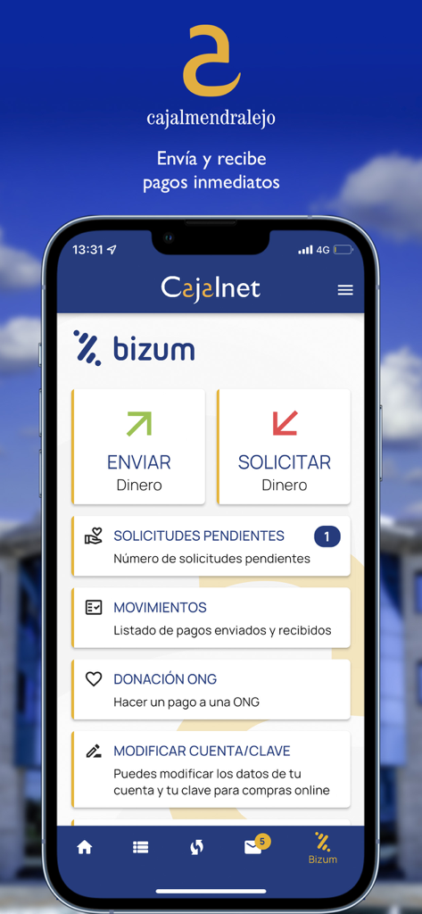 Cajalnet - Interfaz de la aplicación Cajalnet que muestra opciones de Bizum para enviar o solicitar dinero